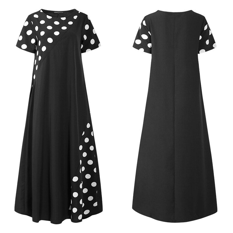 Women Party Summer Long Dress 2023 Celmia Polka Dot Print Maxi Sundress Bohemian Short Sleeve Casual Loose Vestidos O-neck Robe