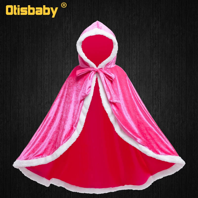 Children Snow Queen Anna&Elsa Girls Velvet Cloak Hooded Christmas Fairy Cinderella Rapunzel Aurora Belle Princess Dress Up Cape