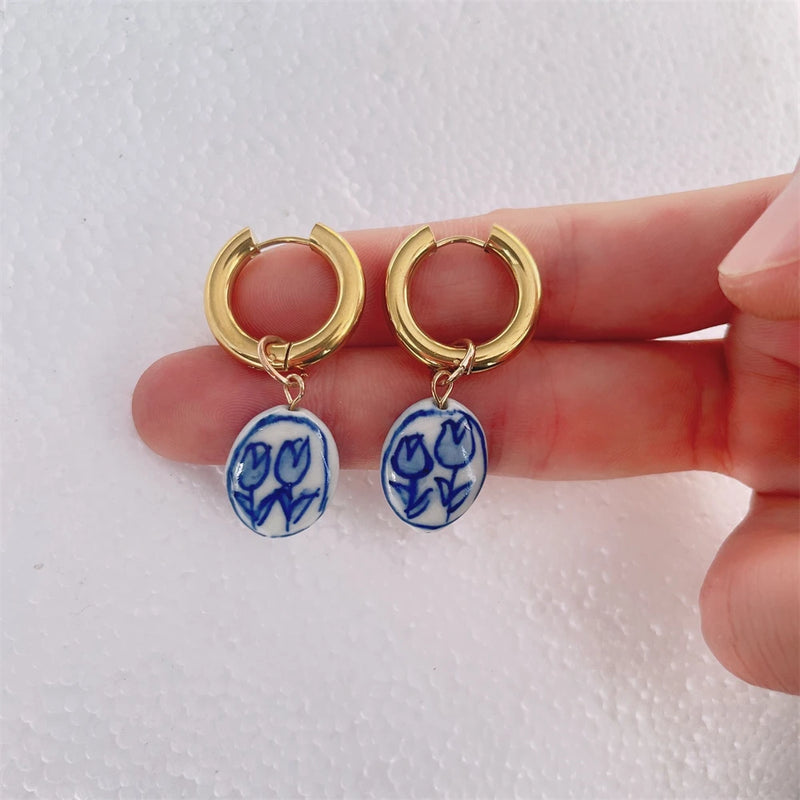 Fashion Pie pair semi-precious Lapis lazis Natural Gem beads Heart of Love Pendant Charm Women's Earrings Jewelry 2022