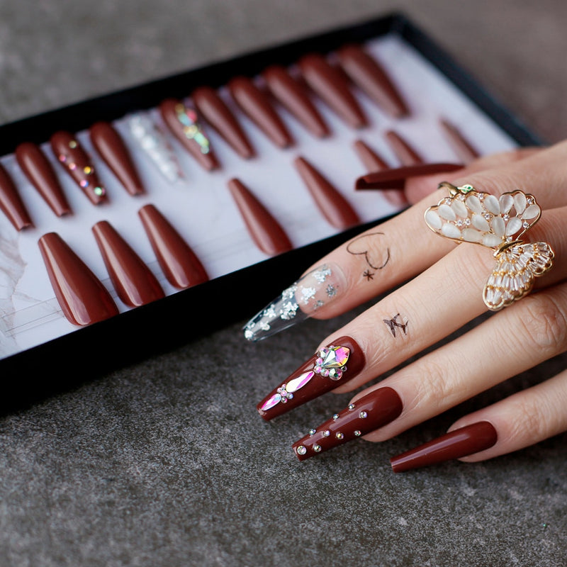 Glossy Coffee Luxury Coffin false nails gel Fake nails Rhinestone Box gift Press on nails Ballet reuse Gold leaf handmade