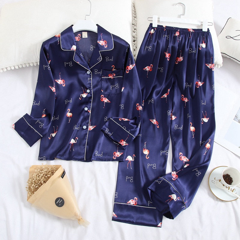 Lisacmvpnel Long Sleeve Pajamas Autumn Ice Silk Long Sleeve Trousers Suit Printing Fashion Pyjamas Set