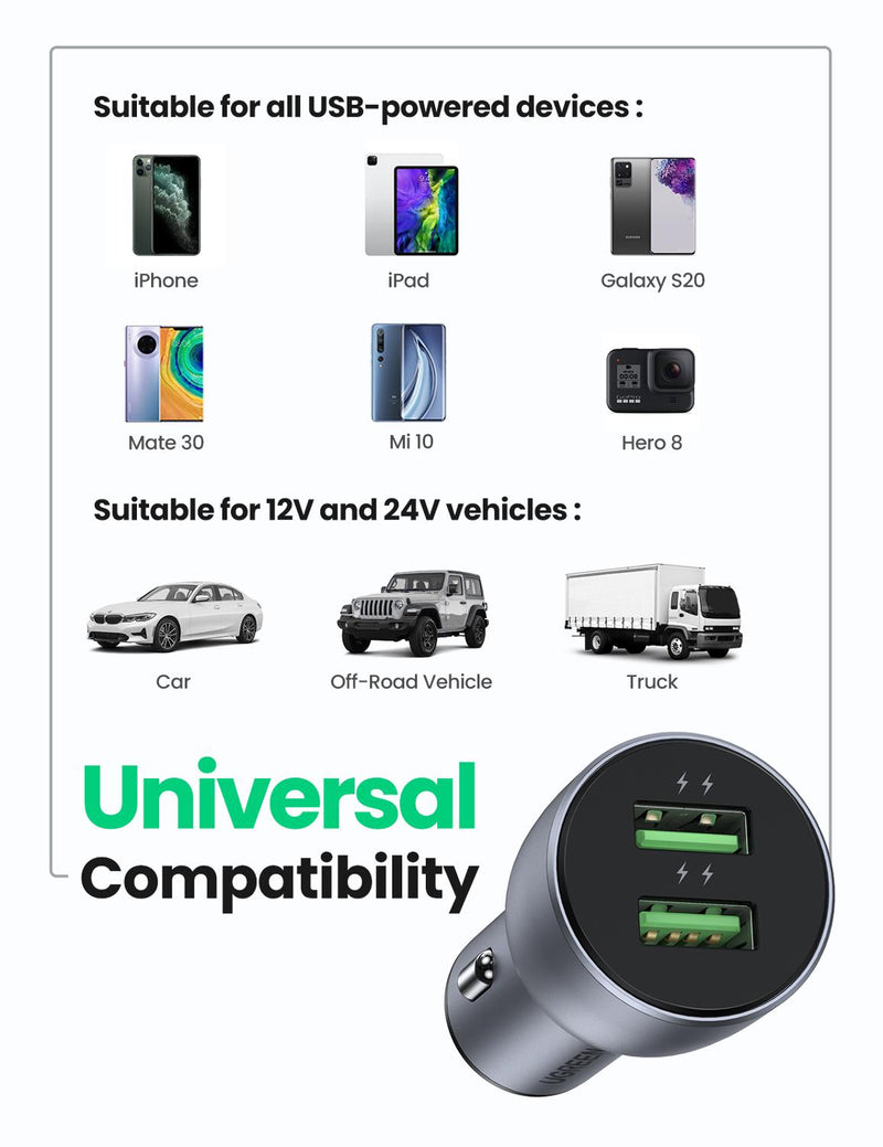 UGREEN 36W QC Car Charger Quick Charge 3.0 for Samsung Fast Car Charging for Xiaomi iPhone 14 13 QC3.0 Mobile Phone USB Charger
