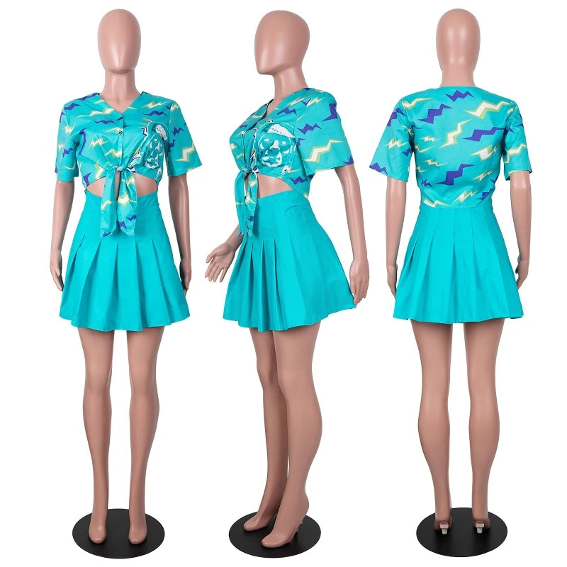 2021 Summer Matching Skirt Sets Fashion Temperament New Exotic Print Y2K Short Sleeve Shirt Female High Waist Slim Skirt Suit