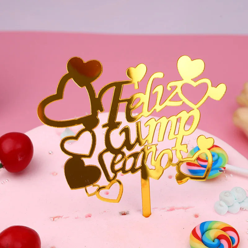 Golden Acrylic Happy Birthday Cake Topper Spanish language Birthday Party Cake Toppers For Kids holiday gifts Dessert Decoration