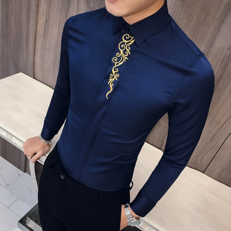 2022 Spring Men's Vintage Embroidered Shirt Long Sleeve Slim Social Club Prom Shirt Men's Casual Business Dress Tuxedo Shirt 3XL