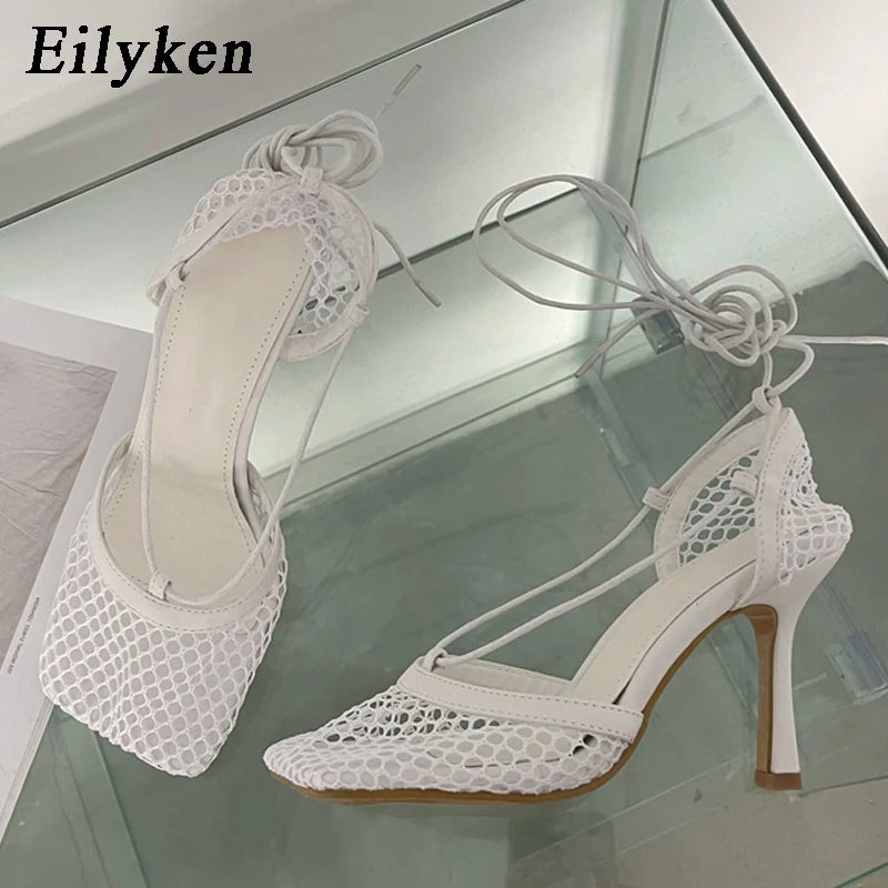 Eilyken New Sexy White Hollow Mesh Woman Pumps Sandals Square Toe High Heel Ankle Lace Up Cross-tied Party Dress Female Shoes