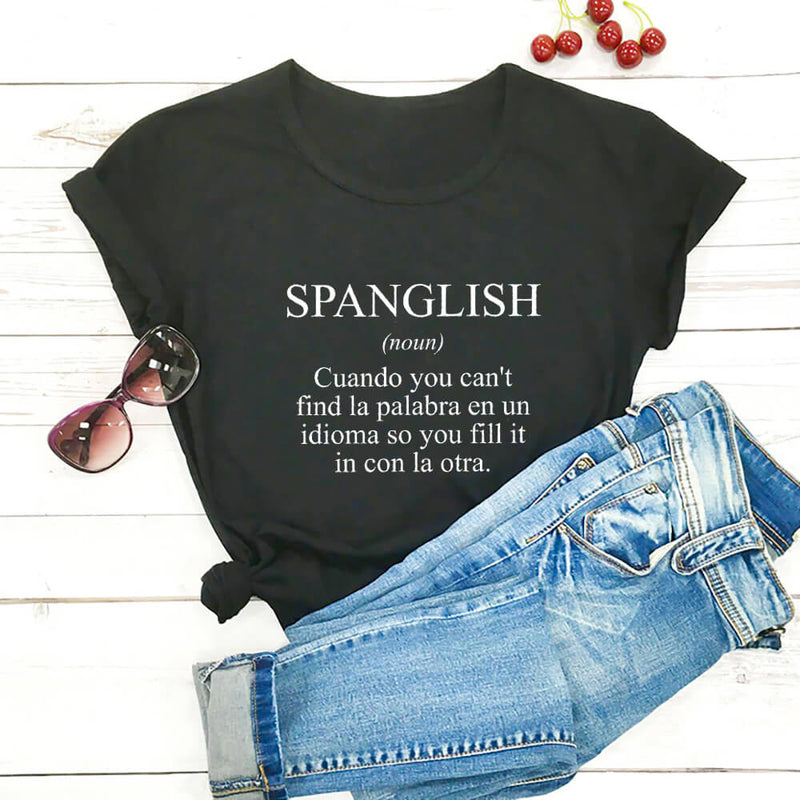 SPANGLISH Shirt Mexican Shirts Summer Women's Latina T Shirt 100%Cotton Funny Casual O-Neck Short Sleeve Top Spanish teacher Tee