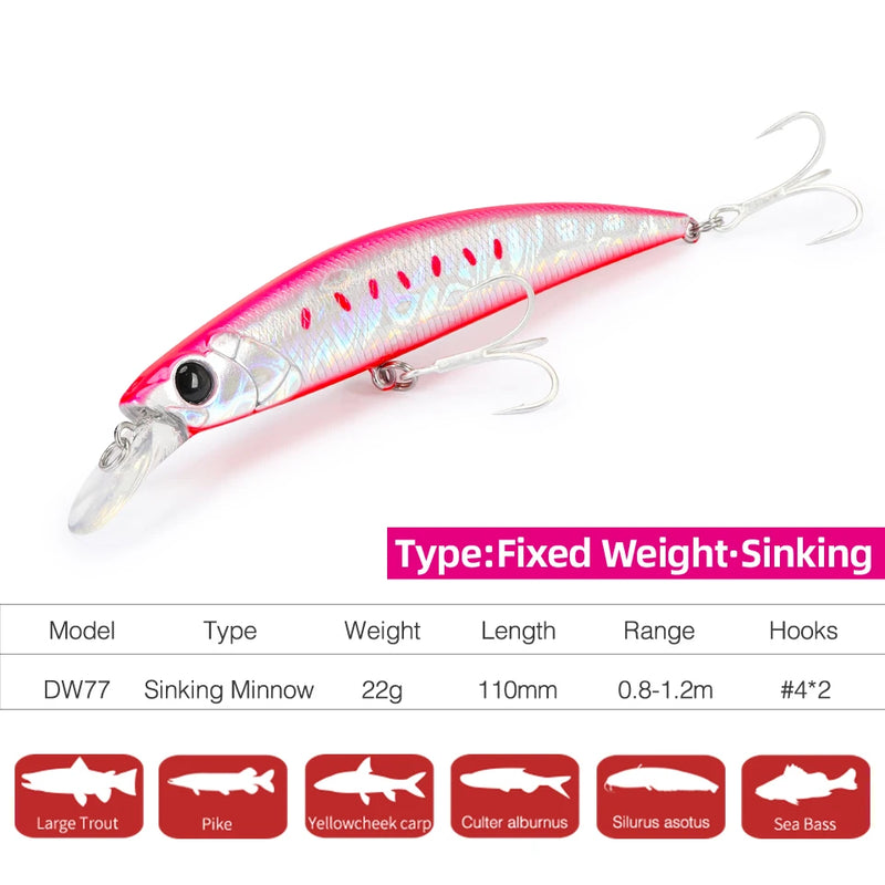 TSUIRNOYA 110S Sinking Minnow  DW77 110mm 22g Large Trout Pike Seabass Sea Fishing Artificial Hard Bait Jerkbait Wobble