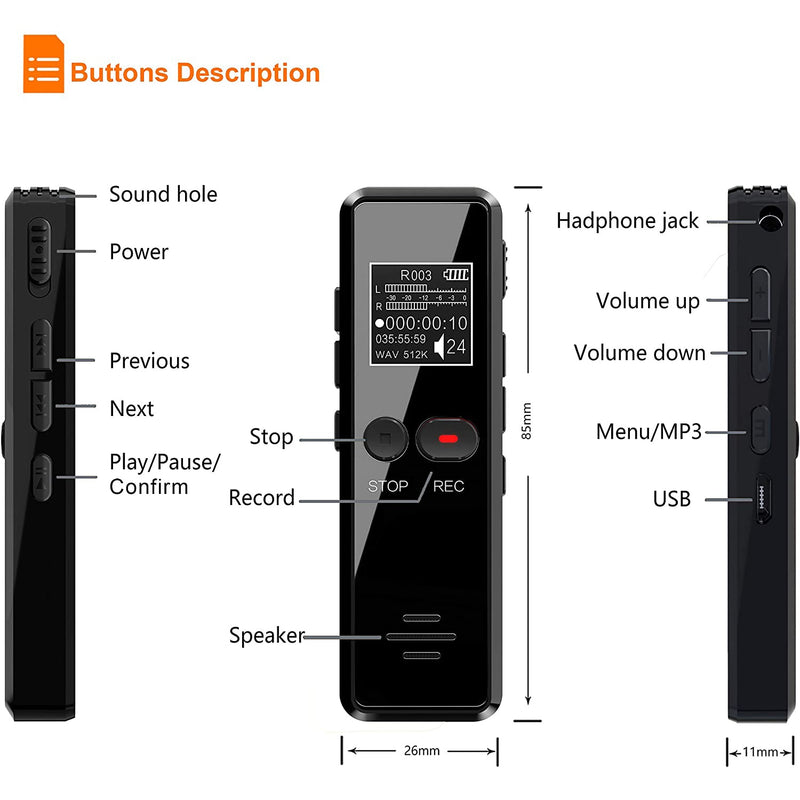 Vandlion V90 Digital Voice Activated Recorder Dictaphone Long Distance Audio Recording MP3 Player Noise Reduction WAV Record