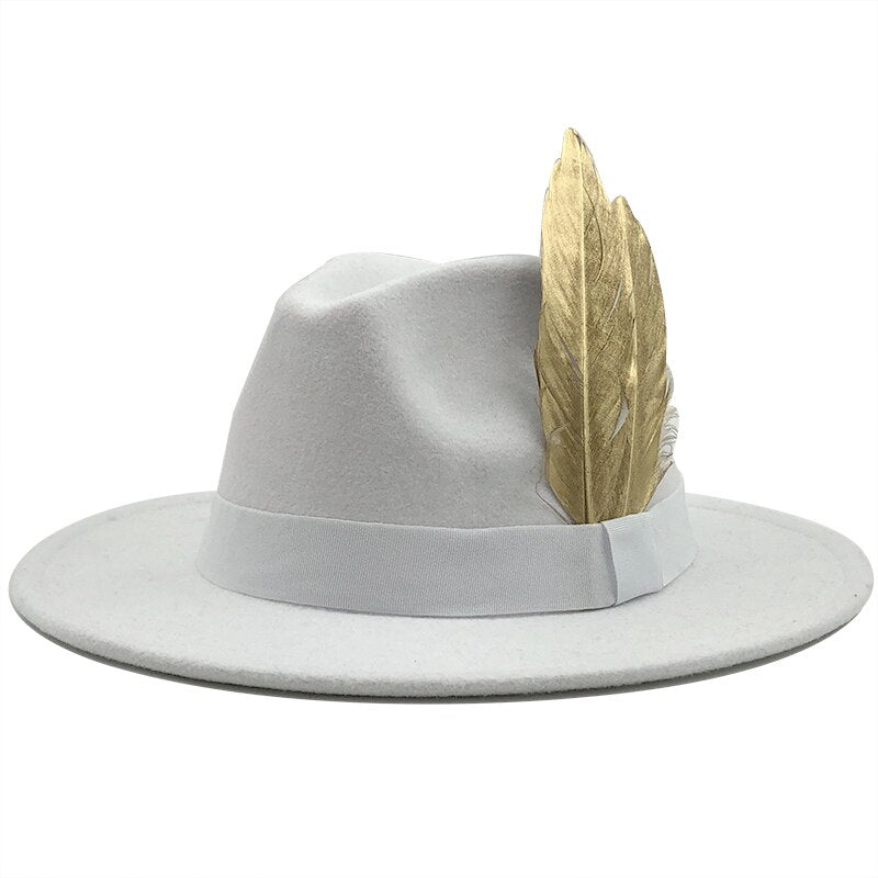 NEW white Wool Women feather Fedora Hat For Winter Autumn ElegantLady Floppy Cloche Wide Brim men Jazz Caps