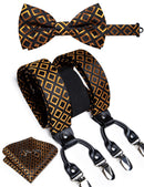 DiBanGu Mens Adjustable Silk Suspenders Bow Tie Cufflinks Pocket Square Set Metal Clips Y back Elastic Braces Wide Strap 3.5CM