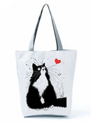 New Lady Tote Bags Black White Cute Cat Printed Fabric Eco Handbag High Capacity Shopping Office Reusable Casual Shoulder Bag