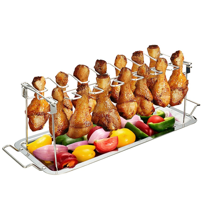 G.a HOMEFAVOR BBQ Chicken Leg Wing Grill Cooking Rack 14 Slots BBQ Poultry Chicken Leg Roaster Stainless Steel Chicken Wing Rack