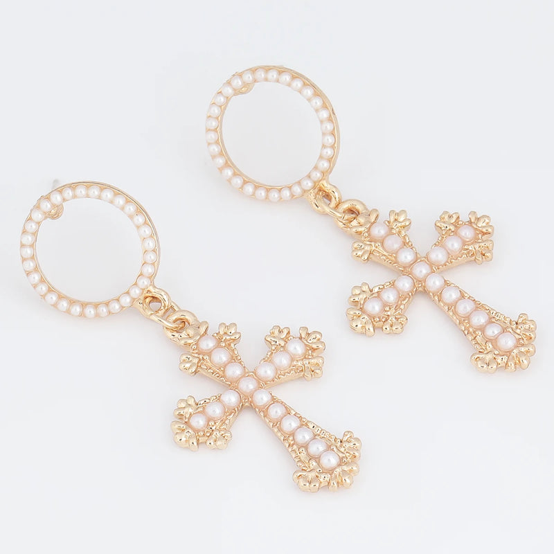 Pauli Manfi 2020 Fashion Creative Metal Imitation Pearl Cross Earrings Women's Popular Classic Drop Earrings Jewelry Accessories