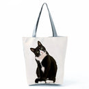 New Lady Tote Bags Black White Cute Cat Printed Fabric Eco Handbag High Capacity Shopping Office Reusable Casual Shoulder Bag
