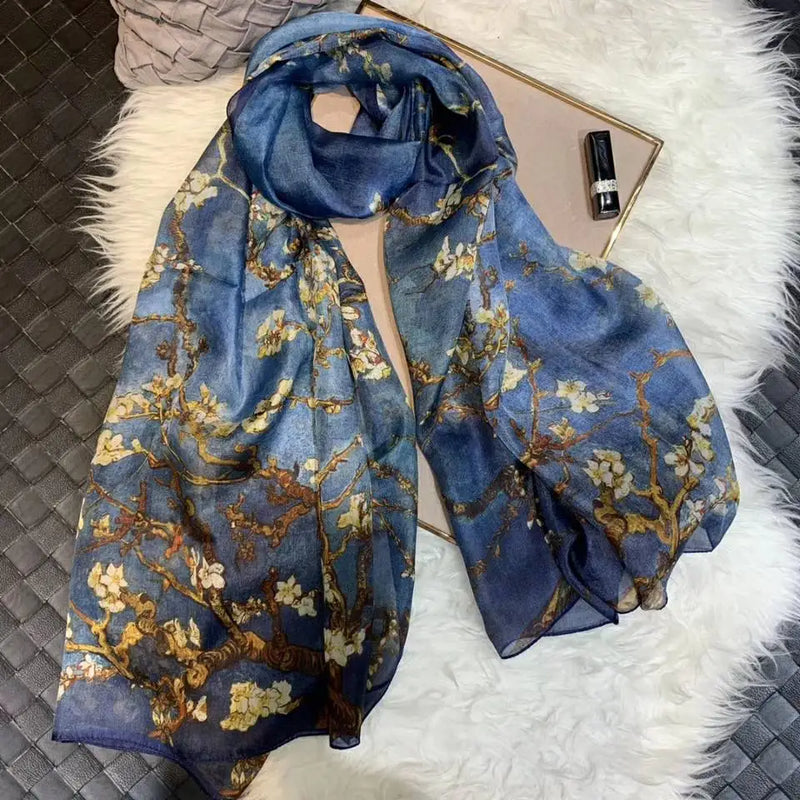 [BYSIFA] Ultralarge Spring Autumn Silk Scarf Wraps Brand Female Long Scarf Cape Fashion New Design Lace Pattern Blue Silk Scarf
