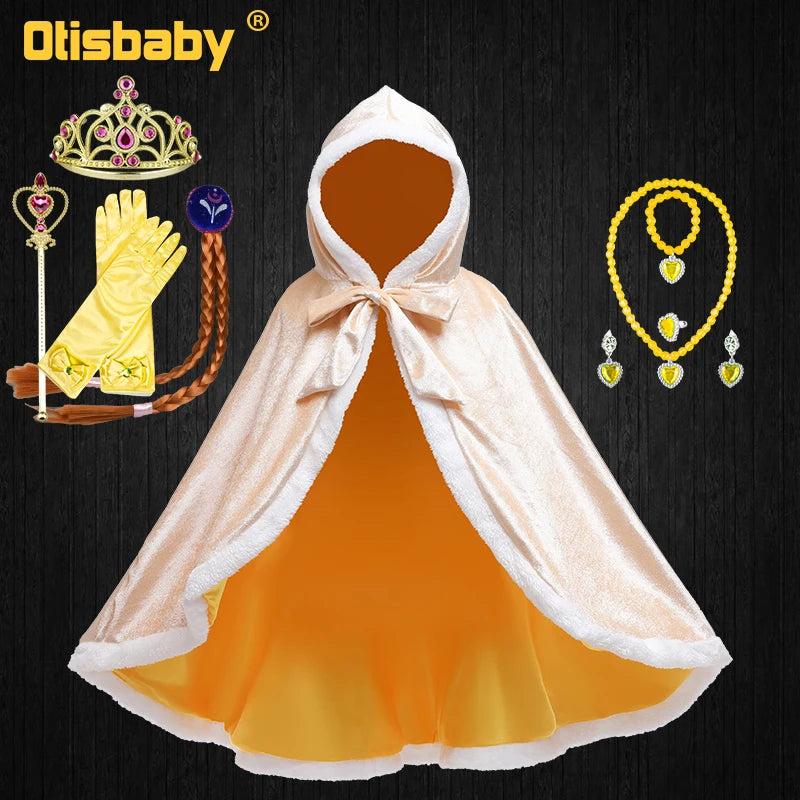 Children Snow Queen Anna&Elsa Girls Velvet Cloak Hooded Christmas Fairy Cinderella Rapunzel Aurora Belle Princess Dress Up Cape