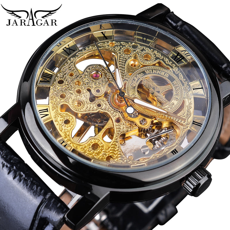 Winner Transparent Golden Case Luxury Casual Design Brown Leather Strap Mens Watches Top Brand Luxury Mechanical Skeleton Watch