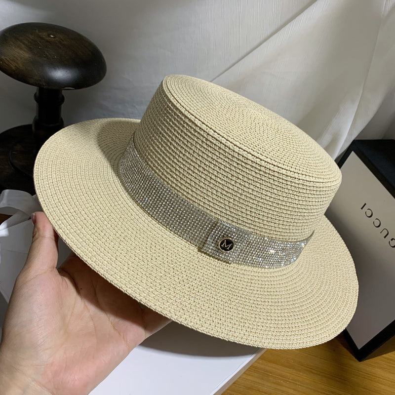 Sun Hat Artificial Diamond Belt Straw Hat Retro Gold Braided Hat Female Loose Sunscreen Sunshade Flat Cap Visors Hats Church Hat