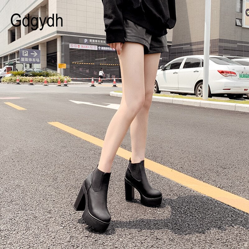 Gdgydh – bottes en cuir noir pour femmes, chaussures à talons hauts et plate-forme, modèle de fête, printemps-automne, couleur unie