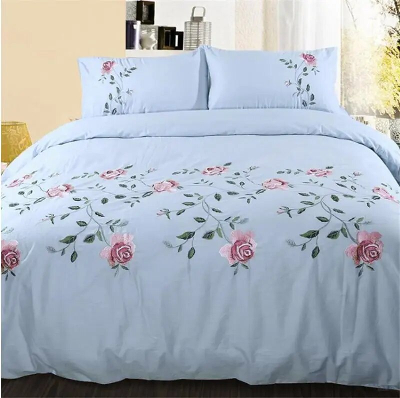 Cotton Soft Bedding set  Bed linen Flowers Embroidery White Pink Grey Duvet Cover 220x240 Bed sheet Twin Full Queen King size