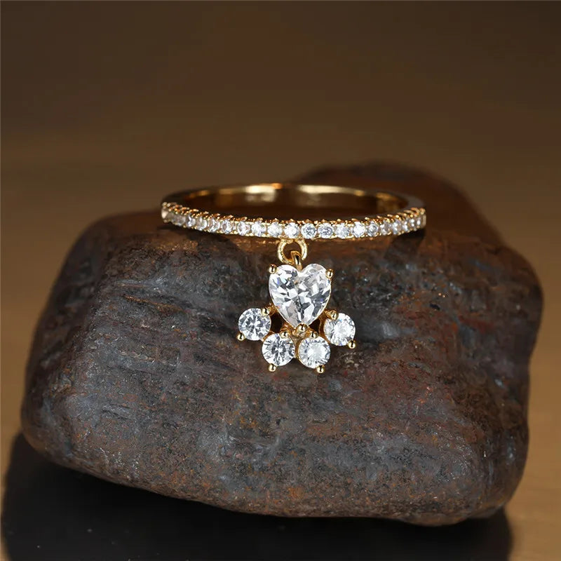 Vintage Gold Silver Color Animal Footprint Ring Cute Cat Paw Dog Claw Pendant Ring White Zircon Love Heart Stone Rings For Women