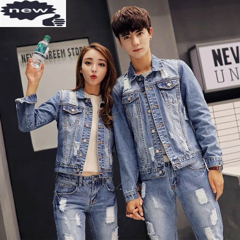 Autumn Korean Mens Denim Jacket Two Piece Set Slim Fit Hole Ripped Jeans Casual Unisex Cowboy Outfit Clothing Matching Sets