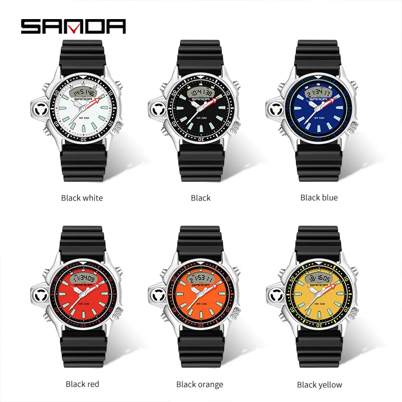 SANDA Sport Men Quartz Digital Watch Creative Diving Watches Men Waterproof Alarm Watch Dual Display Clock Relogio Masculino
