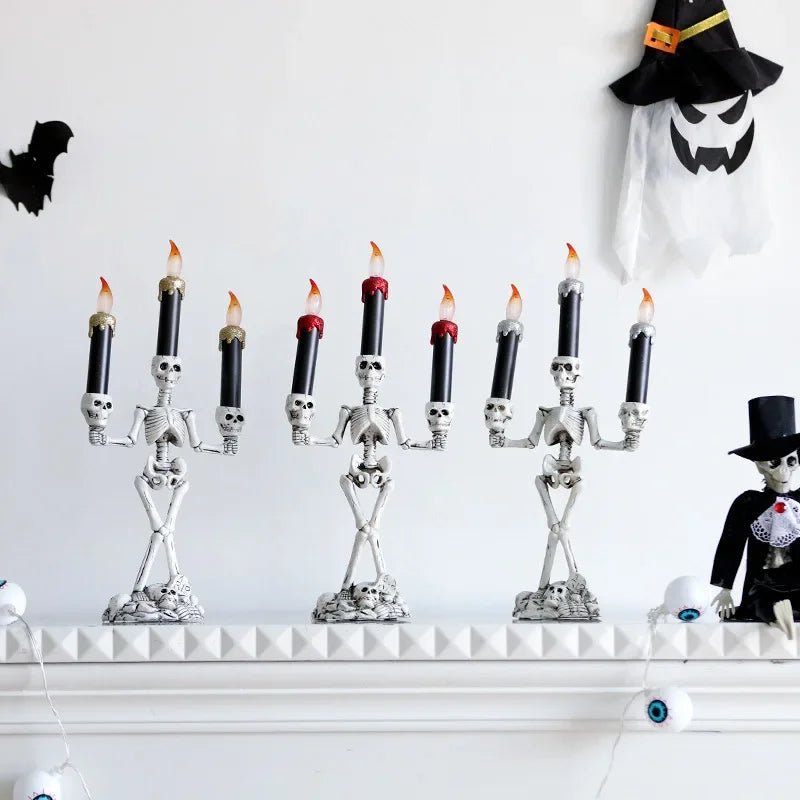 LED Halloween Skull Candlestick Flameless Skeleton Candles Holder Stand Horror Props Halloween Decoration Haunted House Decor