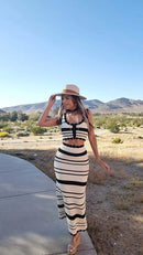 Tossy Striped Contrast Color Knitted Skirt Set 2-piece Summer Backless Casual Vest Top Women's Set 2-piece Sleeveless Skirt Set