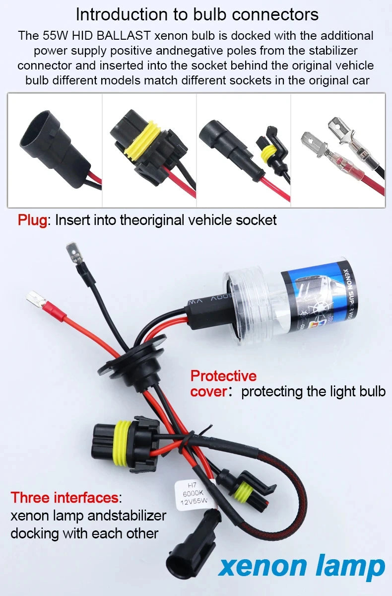 Xenon H7 H4 55W Ballast kit HID Xenon Headlight 6000K DC 12V H1 H11 9005 9006 HID Xenon Kit Car Bulb Replace Halogen Lamp