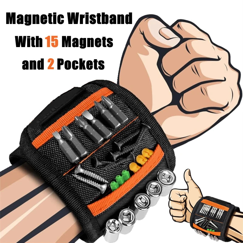 Magnetic Wristband Tool Belts with 15 Strong Magnets and 2 Pockets for Holding Screws Nails Drill Bits DIY Handyman Gift for Men