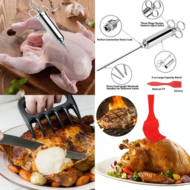 Meat Injector Syringe Kit Grill Turkey BBQ Seasoning Sauce Flavor Needle Cooking Syringe Stainless Steel Injector Cooking Syring