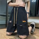 Trendige Grate und zerrissene Jeans für Herrenshorts, Fünf-Viertel-Hose, dünn, locker und elastischer Bund