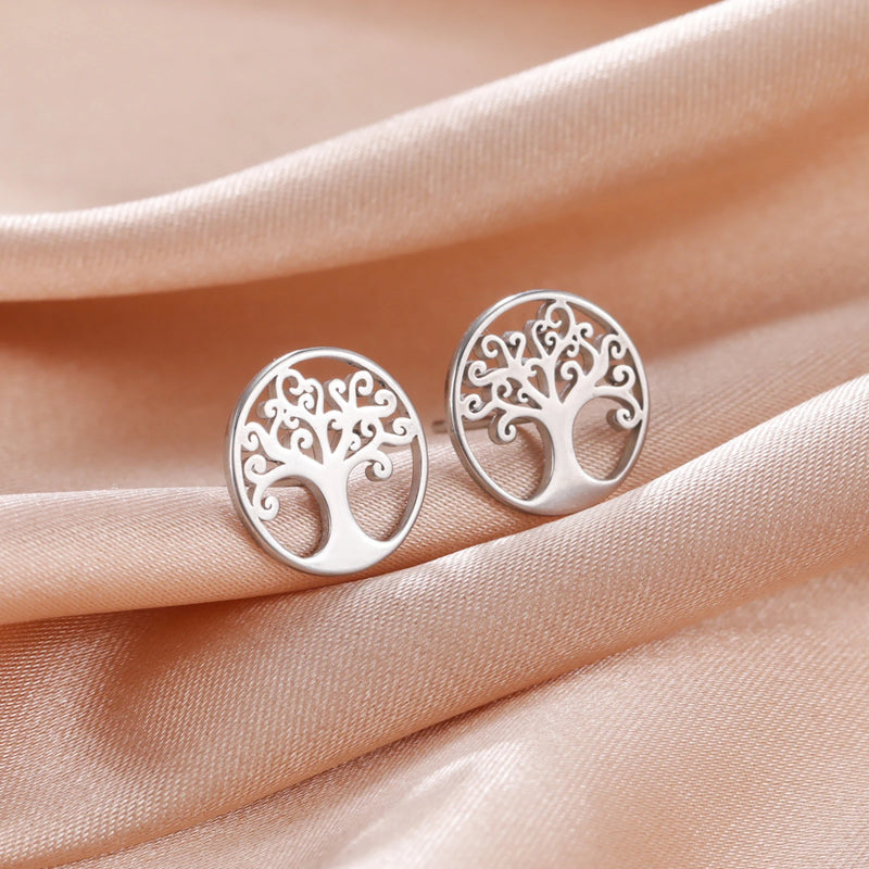 Hollow Out Life Tree Earrings for Women Fashion Stainless Steel Gold Silver Color Stud Earring Jewelry Birthday Gift