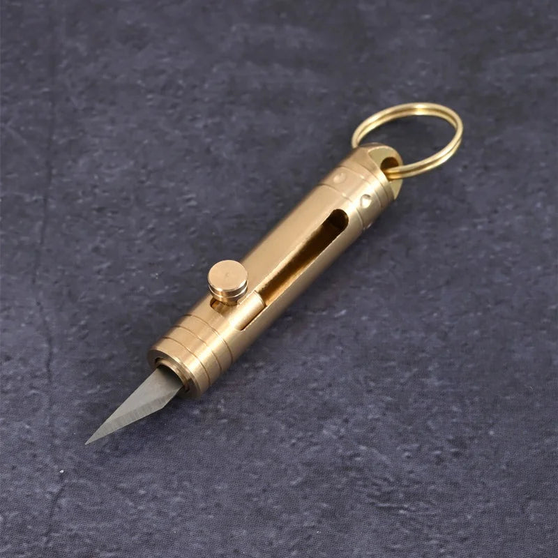 Mini Brass Retractable Knife Gift Pocket Knife Dismantling Express Tool Push-pull Automatic Key Chain Pendant Paper Cutter