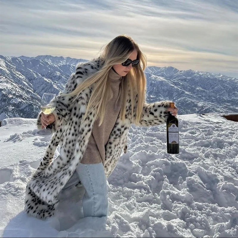 Exclusive Winter 2023 Long Belted Leopard Faux Fox Fur Coat Women Overcoats Ladies Stylish Street Fashion Fluffy Fox Fur Jacket