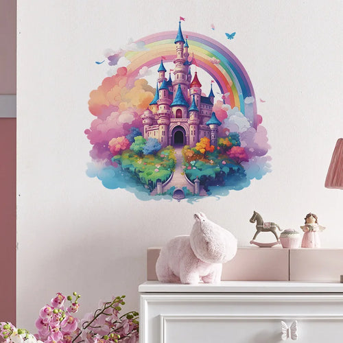 Regenbogen Schloss Vinyl Kinder Wandaufkleber Für Babyzimmer Dekor Schlafzimmer Zubehör Möbel Aufkleber Selbstklebende Tapete Wanddekor