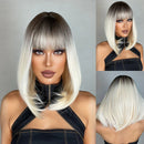 HENRY MARGU Blonde Silky Straight Synthetic Wigs with Bangs Medium Long Natural Platinum Wig for Women Cosplay Heat Resistant