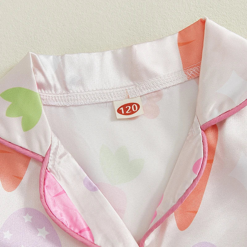 3-7Years Kids Girls Pajamas Set Eggs Flowers Carrots Print Short Sleeve Turn-down Collar Tops with Shorts Easter Sleepwear