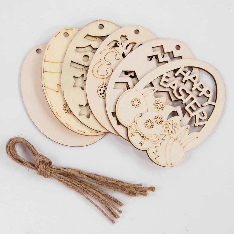 6/12Pcs Easter Egg Wooden Slice Kids DIY Painting Gift Hanging Pendant Unfinished Wood Crafts Happy Easter Party Home Decoration