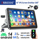 ESSGOO 10" Android 14 4+64G Wireless Carplay Car Stereo Rotatable Touchscreen 1 DIN GPS Nav Bluetooth FM RDS WIFI USB EQ SWC MIC