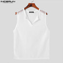 2024 Herren Tanktops Mesh Hollow Out Solid V-Ausschnitt Ärmellos Sommer Herren Westen Streetwear Transparent Fashion Herren Kleidung INCERUN