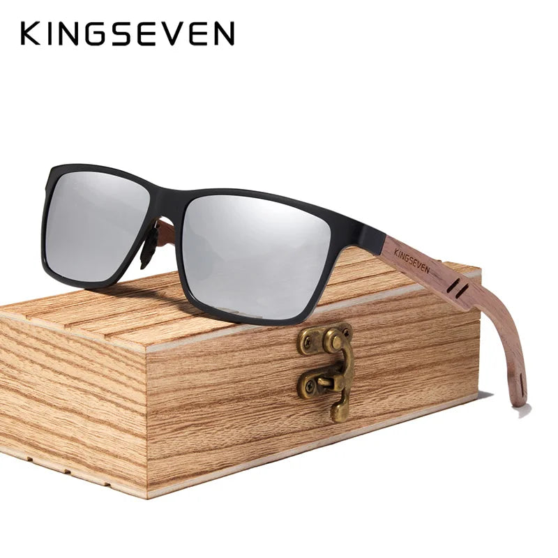 KINGSEVEN Wood Aluminum Sunglasses High Quality Full-frame Men's UV400 Polarized Glasses Mirror Lens Sports Eye Protect Eyewear