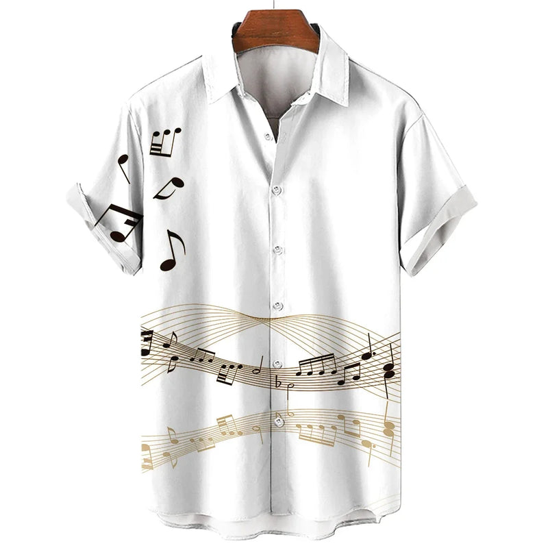 New Men's Shirt 2023 Summer Fashion Hawaiian Shirt Short Sleeve Lapel Top Music Symbol Pattern Print Shirt Oversized Man Clothes