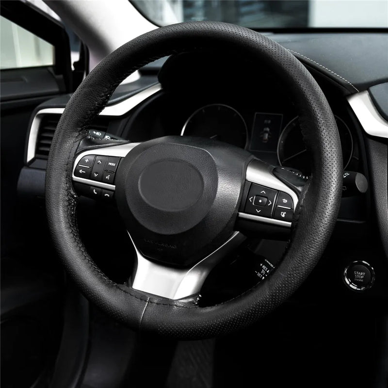 14.5" to 15" Steering Wheel Cover with Needle Thread DIY Hand Stitching Genuine Cowhide Leather Punched Breathable Car Styling