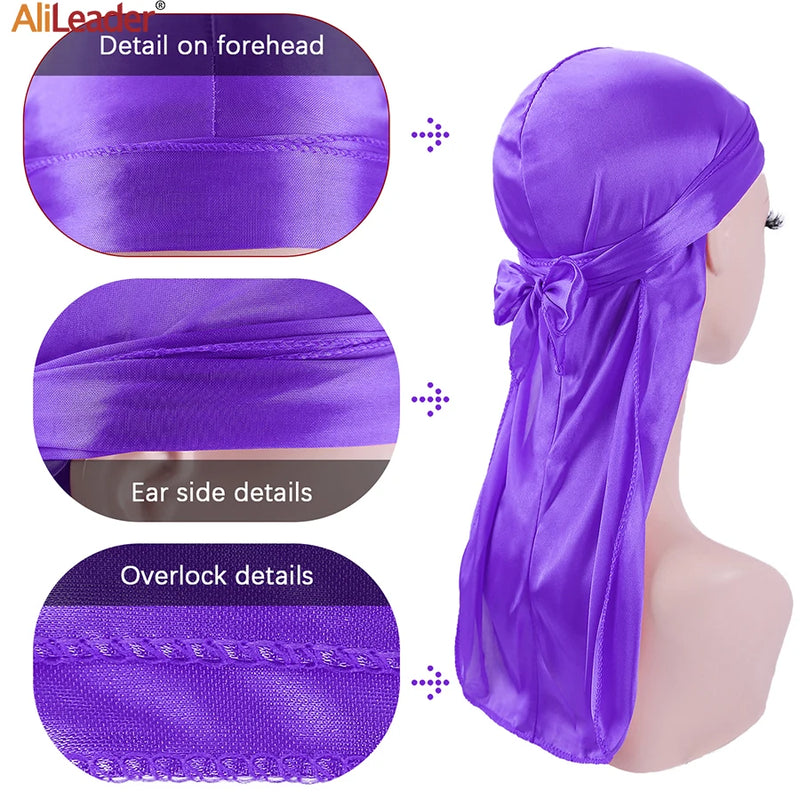 Unisex Silky Durags Bandanas Turban Hat Wigs Doo Men Satin Durag Biker Headwear Headband Hair Accessories Extra Long Tail Du-Rag