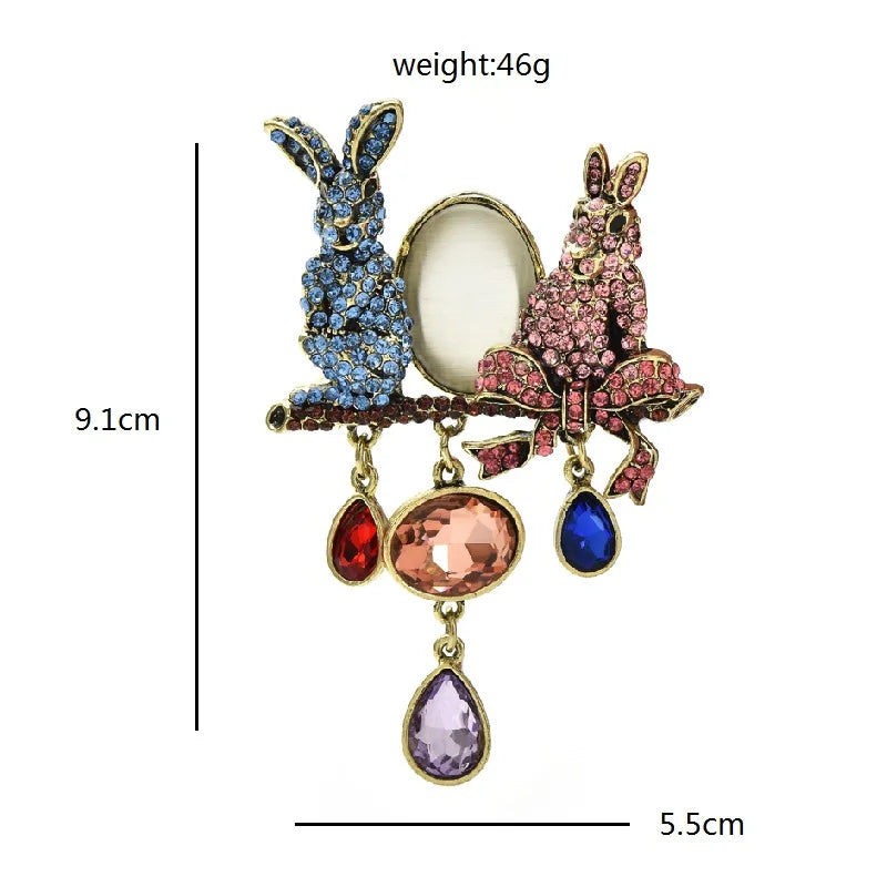Wuli&baby Luxury Two Rabbits Brooches Sparkling Rhinestone Beauty Design Bunny Pets Animal Women Party Office Brooch Pins Gifts