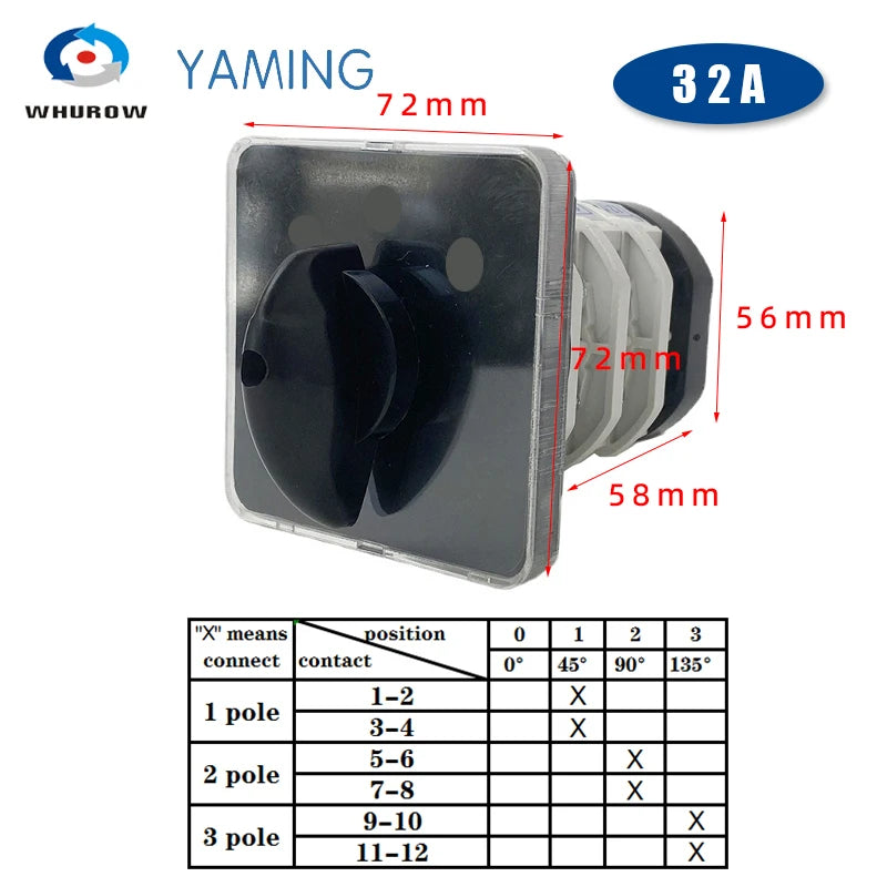 YMZ12-32/3 Change Over Selector 32A 3 Poles 3 Position Silver Contact Manual Transfer On-off-on Rotary Cam Switch LW31