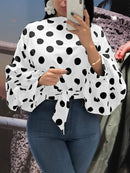 Damen-Blusen mit Polka Dots, schwarze Schärpen, lange Puffärmel, weiß, rot, Übergröße XXXL, Damenmode, Freizeit, Frühling, Sommer, Blusen
